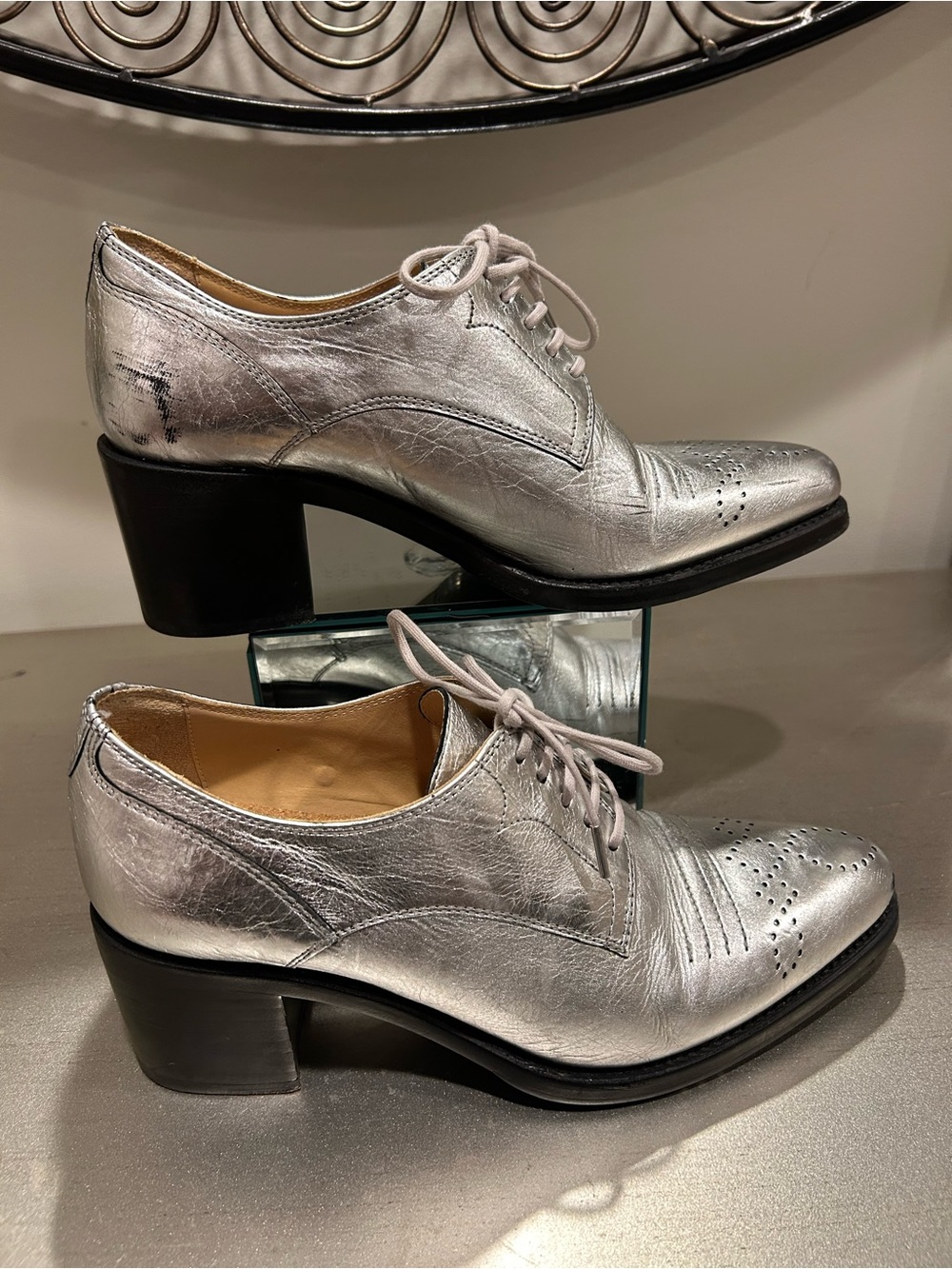 Angela Scott Metallic Silver Lace-Up Block Heel Oxfords for Women